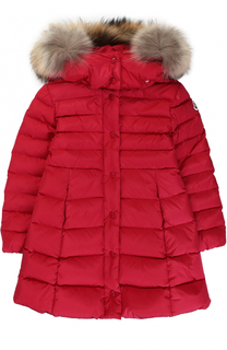 Пуховое пальто с капюшоном и меховой отделкой Moncler Enfant