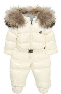 Пуховый комбинезон с капюшоном и меховой отделкой Moncler Enfant