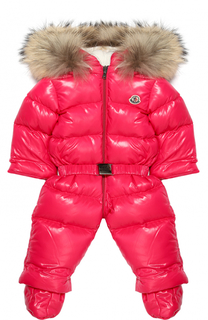 Пуховый комбинезон с капюшоном и меховой отделкой Moncler Enfant