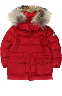 Стеганый пуховик на молнии с капюшоном и меховой отделкой Moncler Enfant