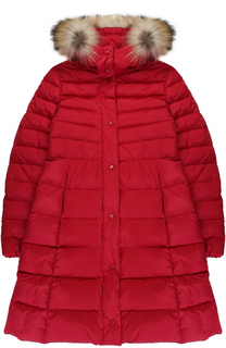 Пуховое пальто с капюшоном и меховой отделкой Moncler Enfant