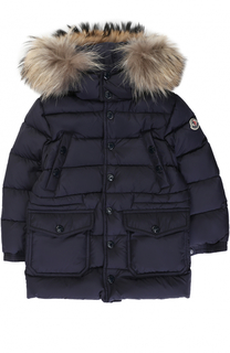 Стеганый пуховик на молнии с капюшоном и меховой отделкой Moncler Enfant