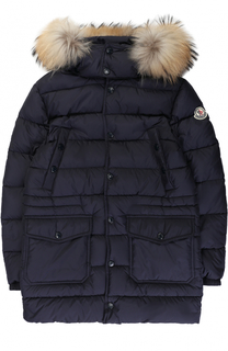 Стеганый пуховик на молнии с капюшоном и меховой отделкой Moncler Enfant