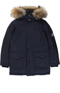 Пуховая парка на молнии с капюшоном и меховой отделкой Moncler Enfant