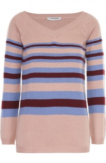 Кашемировый пуловер в контрастную полоску с V-образным вырезом Valentino