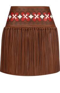 Кожаная мини-юбка с контрастным принтом и бахромой Valentino