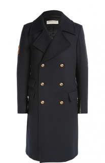 Шерстяное двубортное пальто с нашивками Dries Van Noten