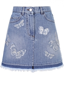 Джинсовая мини-юбка с отделкой в виде бабочек и бахромой Valentino