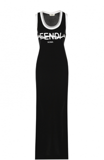 Хлопковое платье с логотипом бренда и высокими разрезами Fendi