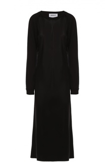 Приталенное платье-макси с длинным рукавом и контрастной надписью DKNY