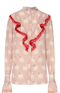 Шелковая блуза с контрастной бахромой и принтом в виде лебедей Stella McCartney