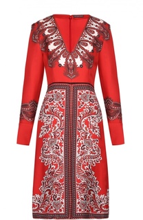 Приталенное шелковое платье с контрастным принтом Alexander McQueen