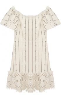 Кожаное платье с перфорацией и открытыми плечами Valentino
