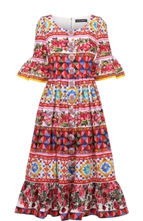 Приталенное платье с ярким принтом и расклешенными рукавами Dolce &amp; Gabbana