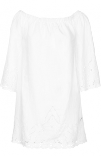Льняное платье с открытыми плечами и перфорацией Polo Ralph Lauren