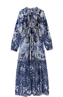 Шелковое платье-макси с завышенной талией и контрастным принтом Roberto Cavalli
