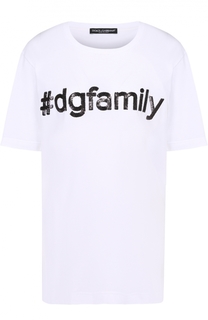 Хлопковая футболка прямого кроя с контрастной вышивкой пайетками Dolce &amp; Gabbana