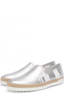 Слипоны из металлизированной кожи с джутовым рантом Tod’s
