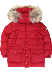 Стеганый пуховик на молнии с капюшоном и меховой отделкой Moncler Enfant