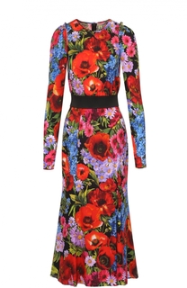 Платье-миди с ярким цветочным принтом и контрастным поясом Dolce &amp; Gabbana