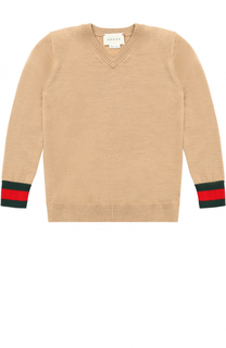 Шерстяной пуловер с V-образным вырезом и контрастной отделкой Gucci