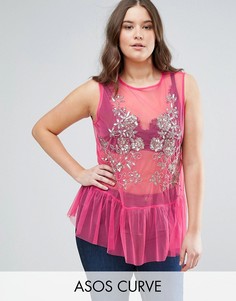 Топ из сеточки с баской и пайетками ASOS CURVE - Розовый