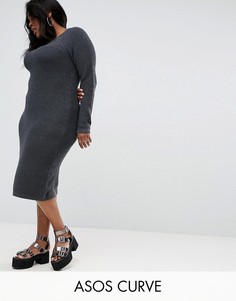 Платье миди крупной вязки со вставками в рубчик ASOS CURVE - Серый