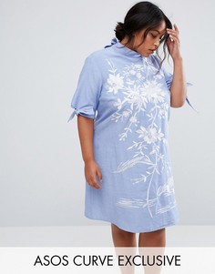 Платье с вышивкой из ткани шамбре ASOS CURVE - Синий