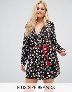 Короткое приталенное платье с запахом, контрастной отделкой и веревочным поясом Alice & You - Мульти