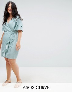 Платье мини с запахом и оборками на рукавах ASOS CURVE - Синий