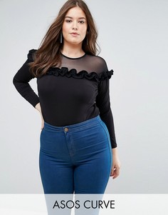 Боди с длинными рукавами, сетчатой вставкой и рюшами ASOS CURVE - Черный