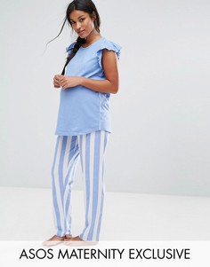 Пижамный комплект с оборками на плечах и полосатым низом ASOS Maternity - Синий