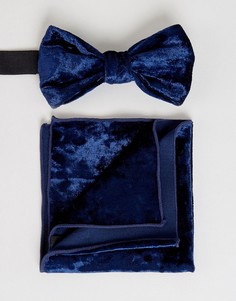 Галстук-бабочка и платок для нагрудного кармана из мятого бархата ASOS - Темно-синий