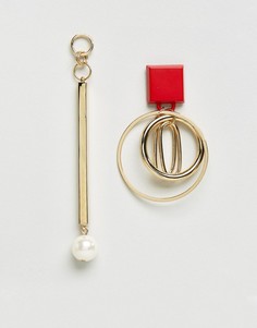 Непарные серьги с кольцом и планкой с искусственным жемчугом ASOS - Золотой