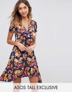 Чайное платье с цветочным принтом и оборками ASOS TALL - Мульти
