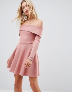 Короткое приталенное платье в рубчик с открытыми плечами ASOS PREMIUM - Розовый