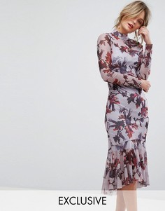 Сетчатое платье с цветочным принтом, длинными рукавами и баской по краю Hope & Ivy - Фиолетовый