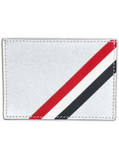Single Card Holder With Red, White And Blue Diagonal Stripe In Silver Pebble Grain & Calf Leather Thom Browne