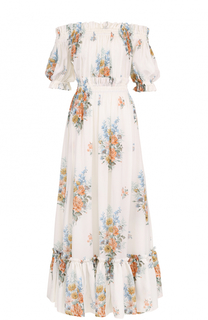 Шелковое платье с цветочным принтом и открытыми плечами Alexander McQueen