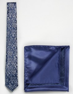 Темно-синие галстук с цветочным принтом и платок для нагрудного кармана Selected - Темно-синий