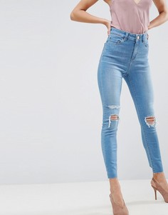 Светлые джинсы скинни с завышенной талией, рваной отделкой и асимметричными краями ASOS RIDLEY - Синий