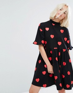 Платье-футболка мини с принтом сердец и оборками Lazy Oaf - Черный
