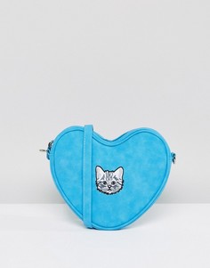 Голубая сумка в форме сердца с ремешком через плечо и вышитым котенком Lazy Oaf - Синий