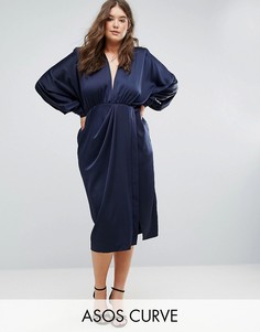 Платье миди с подплечниками и длинными рукавами ASOS CURVE - Темно-синий