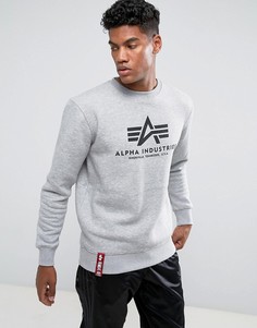 Серый меланжевый свитшот с круглым вырезом и логотипом Alpha Industries - Серый