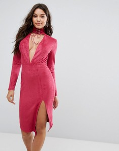 Облегающее платье миди с глубоким вырезом и чокером с завязкой Ginger Fizz - Розовый