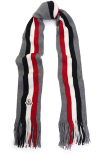Шерстяной вязаный шарф в полоску с бахромой и логотипом бренда Moncler