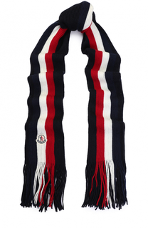 Шерстяной вязаный шарф в полоску с бахромой и логотипом бренда Moncler