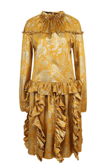 Шелковое платье с воротником-стойкой и оборками Rochas