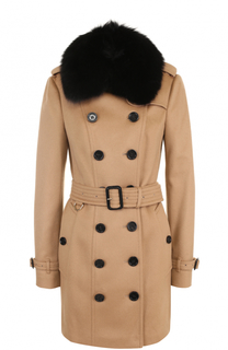 Двубортное пальто с поясом и меховой отделкой Burberry